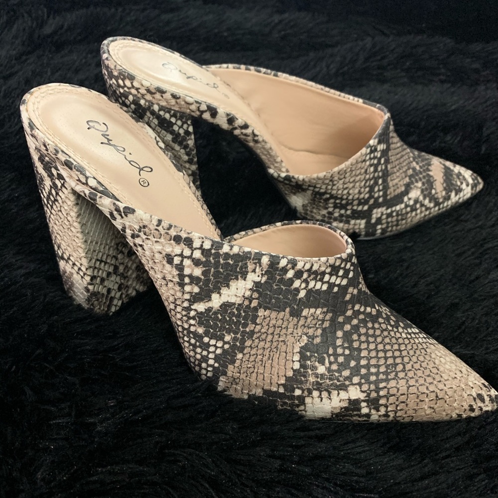 Snake Print Pointed Toe Mule Heels - image 2